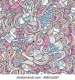 Cartoon hand-drawn science doodles seamless pattern. Detailed, with lots of objects vector background
