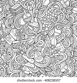 Cartoon hand-drawn science doodles seamless pattern. Line art detailed, with lots of objects vector background