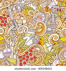 Cartoon hand-drawn science doodles seamless pattern. Detailed, with lots of objects vector background