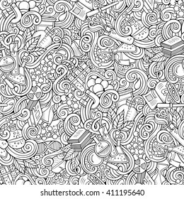 Cartoon hand-drawn science doodles seamless pattern. Line art detailed, with lots of objects vector background