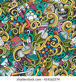 Cartoon hand-drawn science doodles seamless pattern. Detailed, with lots of objects vector background