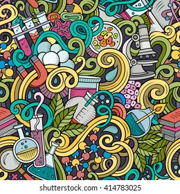 Cartoon hand-drawn science doodles seamless pattern. Line art detailed, with lots of objects vector background