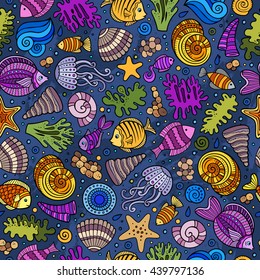 Cartoon hand-drawn sea life seamless pattern. Colorful detailed, with lots of objects funny vector background