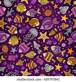 Cartoon hand-drawn sea life seamless pattern. Colorful detailed, with lots of objects funny vector background