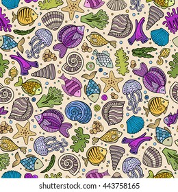 Cartoon hand-drawn sea life seamless pattern. Colorful detailed, with lots of objects funny vector background