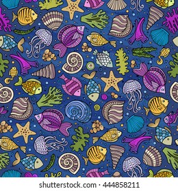 Cartoon hand-drawn sea life seamless pattern. Colorful detailed, with lots of objects funny vector background