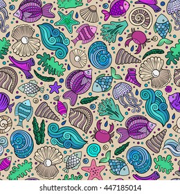 Cartoon hand-drawn sea life seamless pattern. Colorful detailed, with lots of objects funny vector background