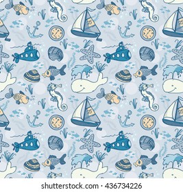 Cartoon hand-drawn seamless underwater pattern with fishes, whale, submarine and sailing ship. Soft color vector background.