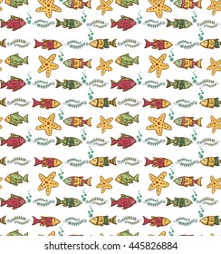 Cartoon hand-drawn seamless underwater pattern with fishes and marine life. Soft color vector background.