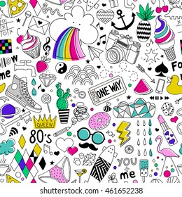 Cartoon hand-drawn seamless vector pattern with doodle icons items. Vector  background with cute elements. Funny children drawing. Can be used wallpaper, cloth design, fabric, paper, textile, backdrop