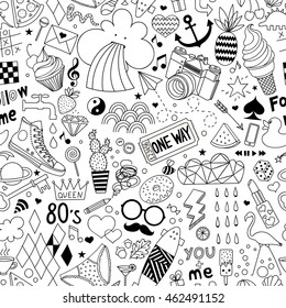 Cartoon hand-drawn seamless vector pattern with doodle icons items. Vector  background with cute elements. Funny children drawing. Coloring book. Wallpaper, cloth design, fabric, textile, backdrop.