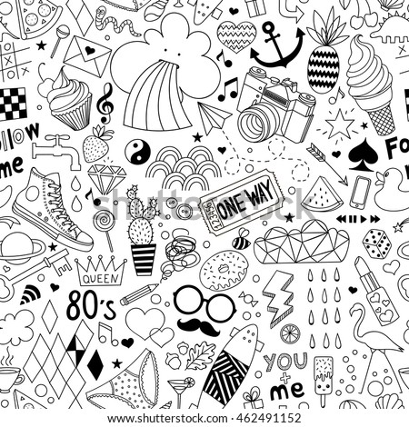 Cartoon hand-drawn seamless vector pattern with doodle icons items. Vector  background with cute elements. Funny children drawing. Coloring book. Wallpaper, cloth design, fabric, textile, backdrop.