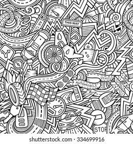 Cartoon hand-drawn sketchy doodles on the subject of car style theme seamless pattern. Vector background