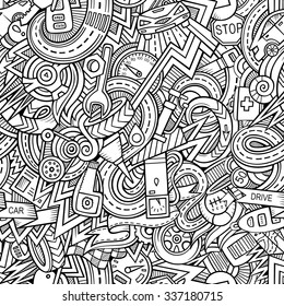 Cartoon hand-drawn sketchy doodles on the subject of car style theme seamless pattern. Vector background