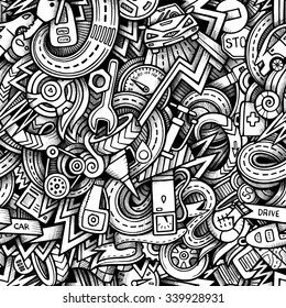 Cartoon hand-drawn sketchy doodles on the subject of car style theme seamless pattern. Vector trace background