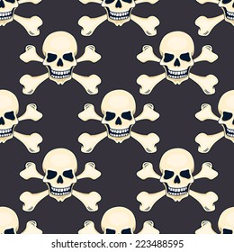 Cartoon hand-drawn skull seamless pattern. Vector background.