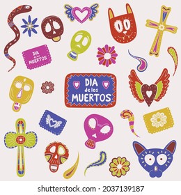 
Cartoon hand-drawn skulls and other symbols of the Mexican Day of the Dead. Dia de los muertos vector set.