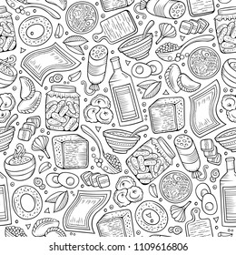 Cartoon hand-drawn Slavic food seamless pattern. Lots of symbols, objects and elements. Perfect funny vector background.