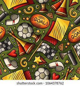 Cartoon hand-drawn Soccer seamless pattern. Lots of symbols, objects and elements. Perfect funny vector background.