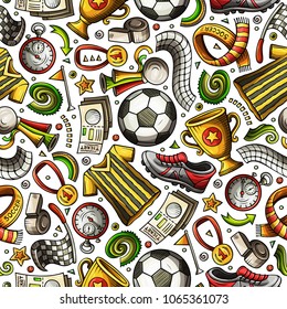 Cartoon hand-drawn Soccer seamless pattern. Lots of symbols, objects and elements. Perfect funny vector background.