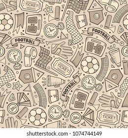 Cartoon hand-drawn Soccer seamless pattern. Lots of symbols, objects and elements. Perfect funny vector background.