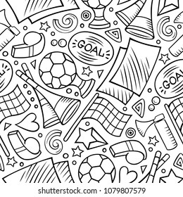 Cartoon hand-drawn Soccer seamless pattern. Lots of symbols, objects and elements. Perfect funny vector background.