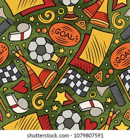 Cartoon hand-drawn Soccer seamless pattern. Lots of symbols, objects and elements. Perfect funny vector background.