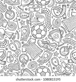 Cartoon hand-drawn Soccer seamless pattern. Lots of symbols, objects and elements. Perfect funny vector background.