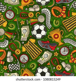 Cartoon hand-drawn Soccer seamless pattern. Lots of symbols, objects and elements. Perfect funny vector background.