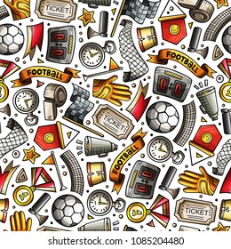 Cartoon hand-drawn Soccer seamless pattern. Lots of symbols, objects and elements. Perfect funny vector background.