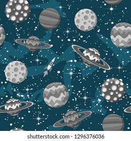 Cartoon hand-drawn space, planets seamless pattern. Lots of symbols, objects and elements. Backdrop with celestial bodies hand drawn flat cartoon style. Perfect funny vector background