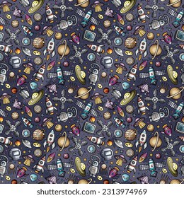 Cartoon hand-drawn space, planets seamless pattern. Lots of symbols, objects and elements. Perfect funny vector background.