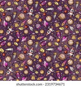 Cartoon hand-drawn space, planets seamless pattern. Lots of symbols, objects and elements. Perfect funny vector background.
