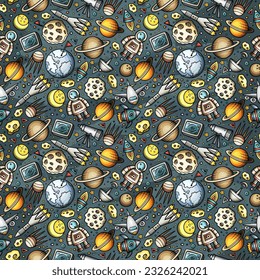 Cartoon hand-drawn space, planets seamless pattern. Lots of symbols, objects and elements. Perfect funny vector background.