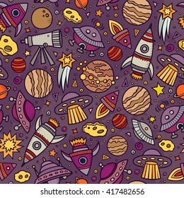 Cartoon hand-drawn space, planets seamless pattern. Lots of symbols, objects and elements. Perfect funny vector background.