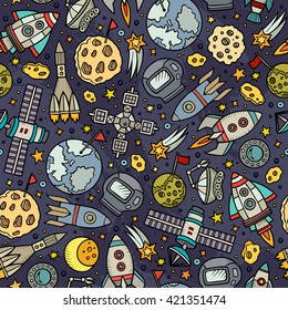 Cartoon hand-drawn space, planets seamless pattern. Lots of symbols, objects and elements. Perfect funny vector background.
