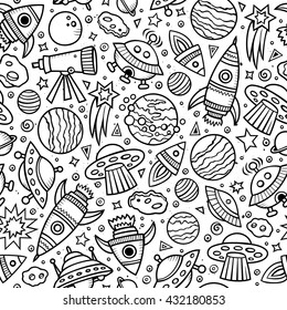 Cartoon hand-drawn space, planets seamless pattern. Lots of symbols, objects and elements. Perfect funny vector background.