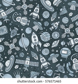 Cartoon hand-drawn space, planets seamless pattern. Lots of symbols, objects and elements. Perfect funny vector background.