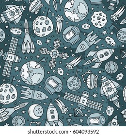 Cartoon hand-drawn space, planets seamless pattern. Lots of symbols, objects and elements. Perfect funny vector background.