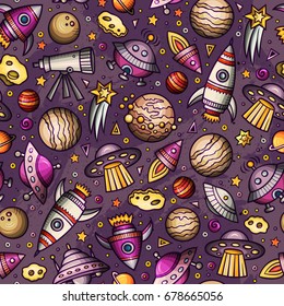 Cartoon hand-drawn space, planets seamless pattern. Lots of symbols, objects and elements. Perfect funny vector background.