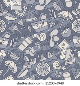 Cartoon hand-drawn summer time seamless pattern. Colorful detailed, with lots of objects funny vector background