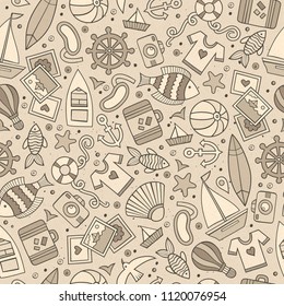 Cartoon hand-drawn summer time seamless pattern. Monochrome detailed, with lots of objects funny vector background
