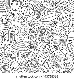 Cartoon hand-drawn summer time seamless pattern. Line art detailed, with lots of objects funny vector background