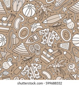 Cartoon hand-drawn summer time seamless pattern. Monochrome detailed, with lots of objects funny vector background