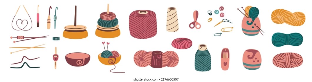 Cartoon Handicraft Accessories, All for Needlework and Crochet. Craft and handmade Needlework Design Elements. Hobby Tools Collection and Wool Yarn Set. Vector Flat Illustration, Isolated on White.