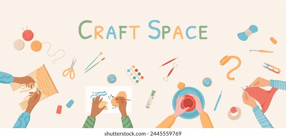 Cartoon handicraft art workshop background concept, creative children handcraft art class collection, flat hands create handmade craftwork, top view colorful DIY hobby background,