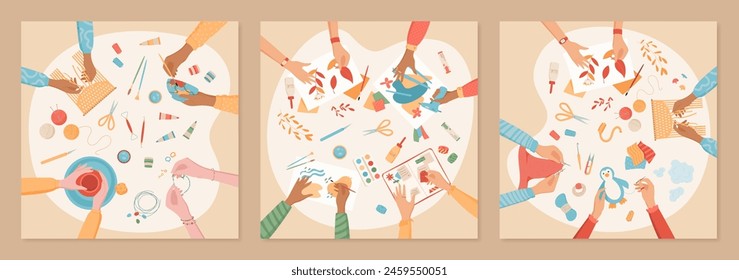 Cartoon handicraft DIY hobby workshop banner, top view colorful hands make pottery art class concept, children handmade painting activity background, creative craftwork group illustration,