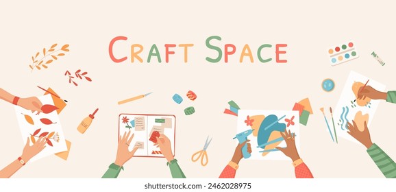 Cartoon handicraft workshop activity concept, handmade DIY work hobby vector banner, creative scrapbooking craft top view background, hands make colorful painting handcraft art class illustration.