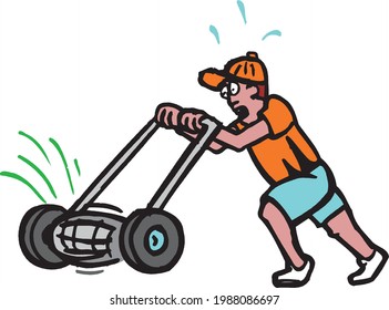 cartoon of handling a grass cutter machine