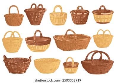 Cartoon handmade baskets mega set elements in flat graphic design. Bundle objects of brown wicker rattan containers with handles, handcraft straw hampers, braided rural basketry. Vector illustration.